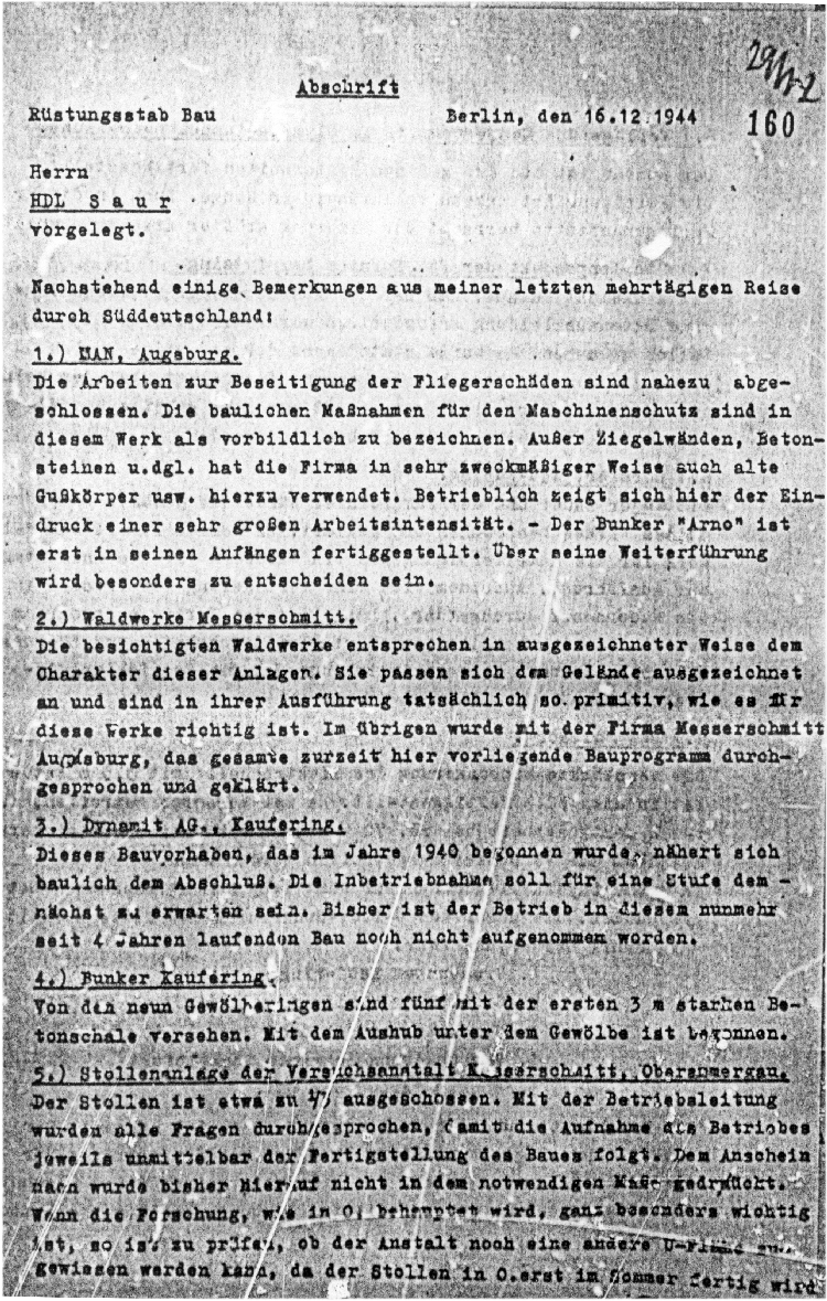 Faksimile des Dokuments "Bericht Rstungsstab Bau vom 16.12.1944"