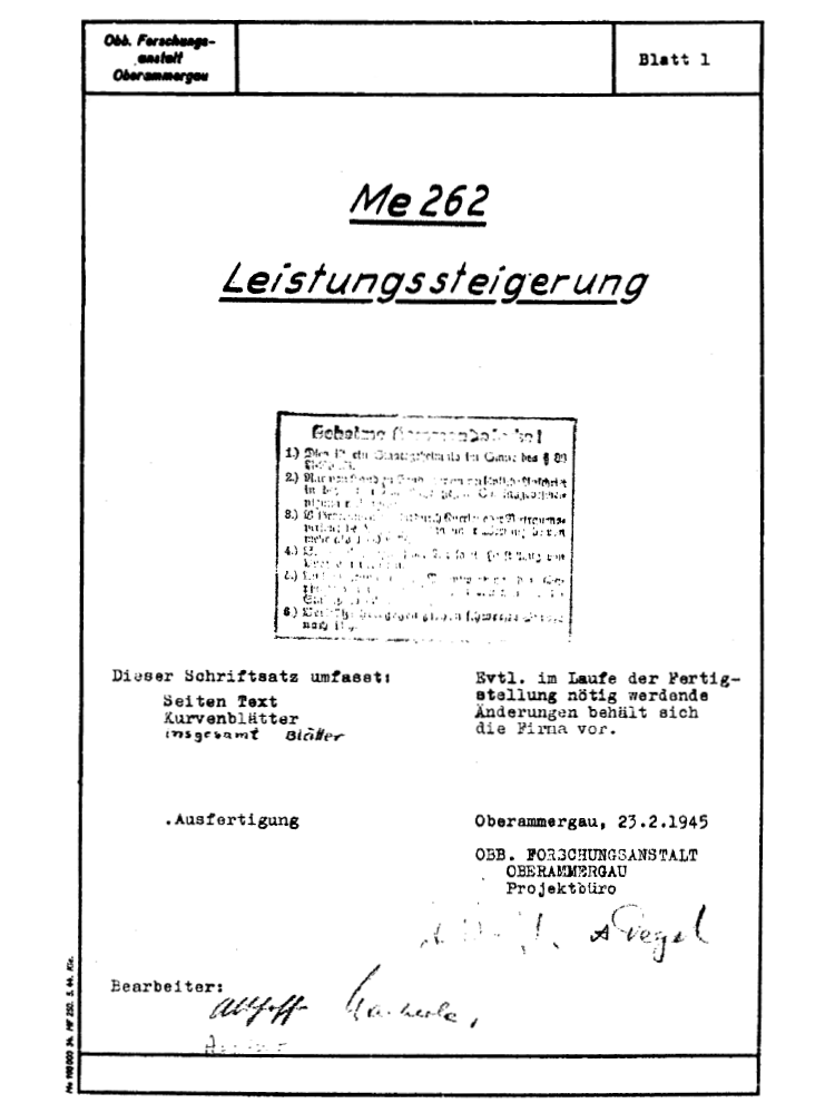 Faksimile des Dokuments "Me 262 Leistungssteigerung"
